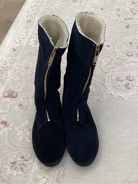 Burberry Black Suede Mid-Calf Shearling-Lined Zip Boots 8